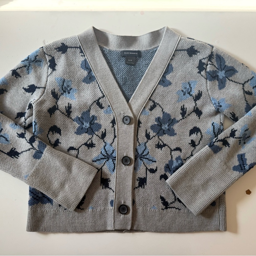 Club Monaco 100% Wool Floral Knit Cardigan